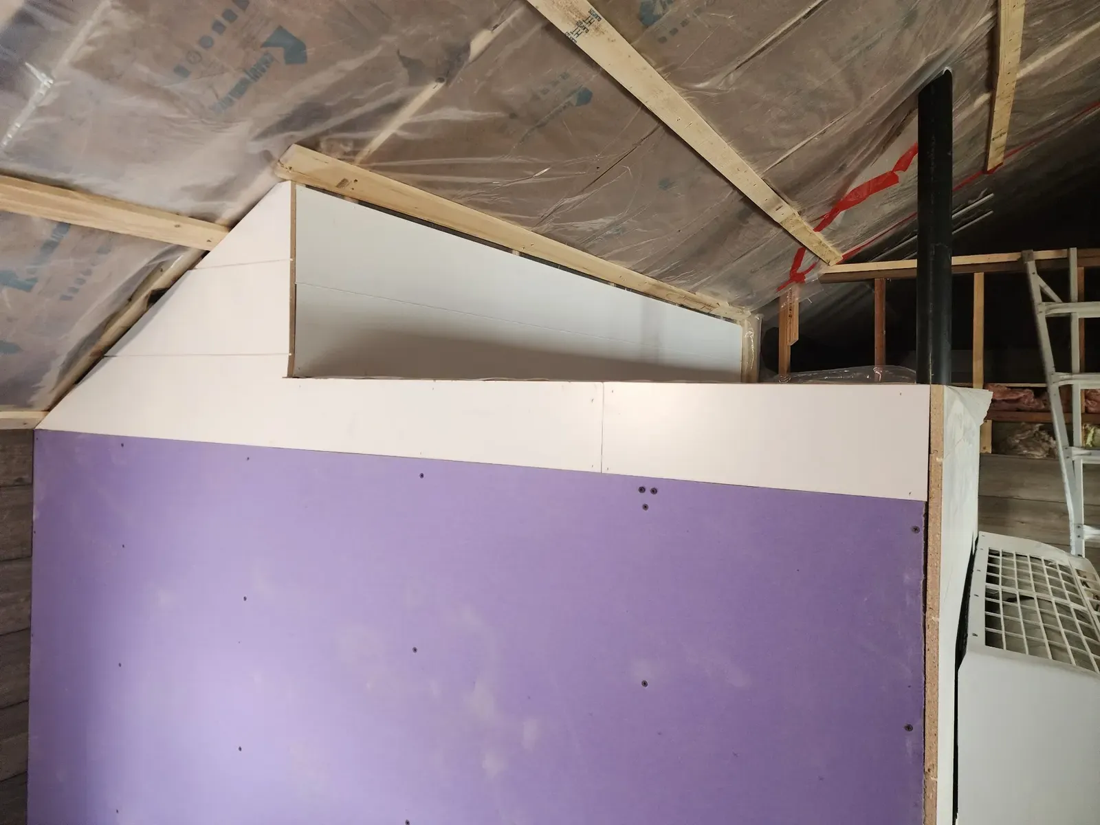 Gable wall drywall during the cabin remodel