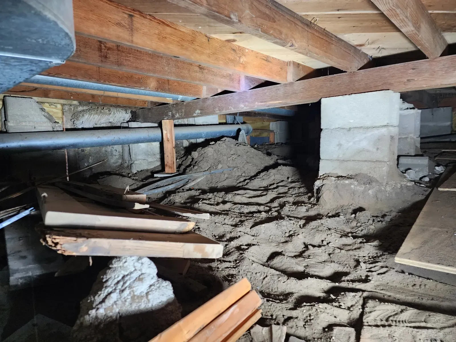 Floor and crawlspace opened for repairs during the cabin remodel