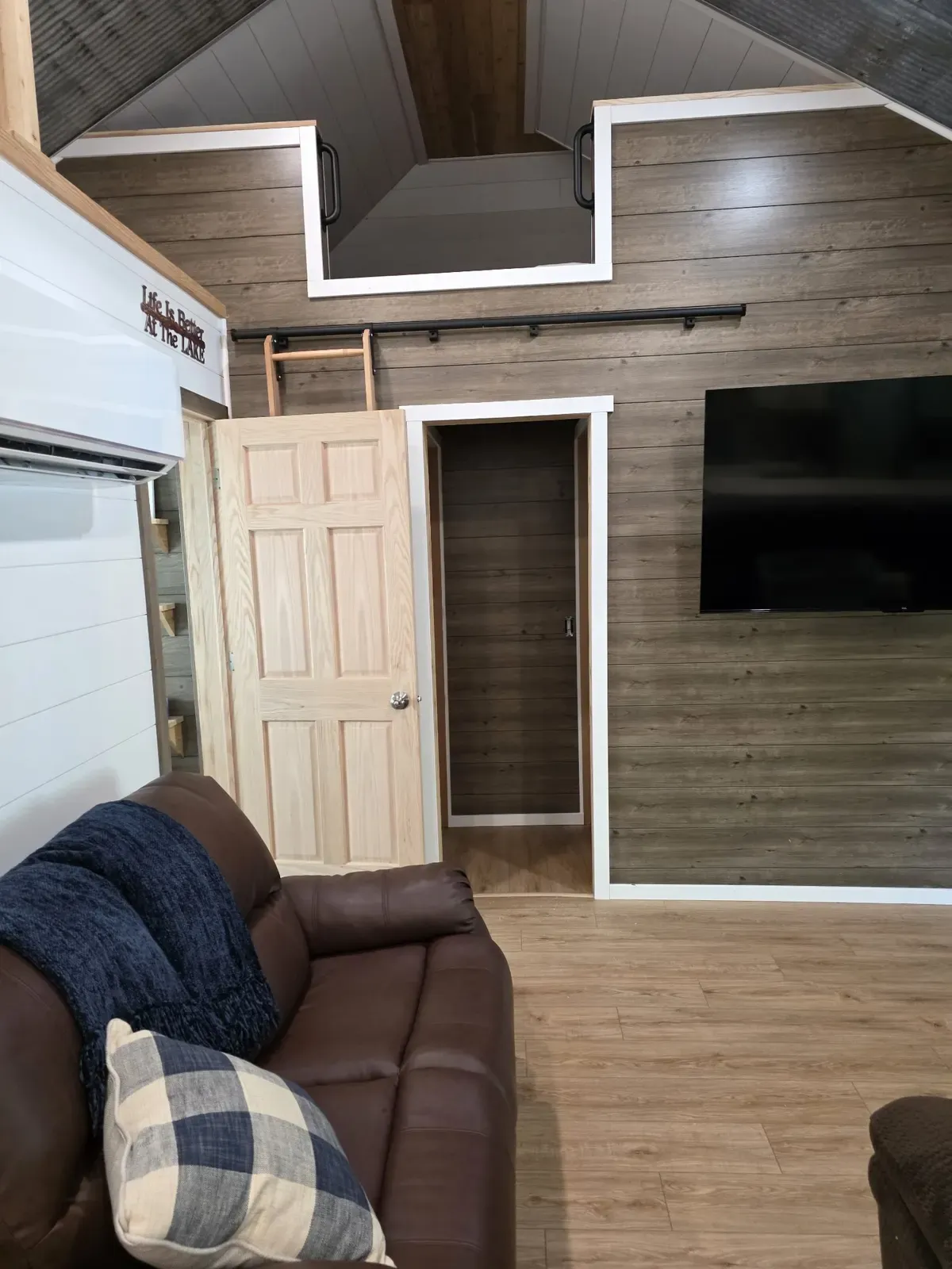Living room and loft after the cabin remodel