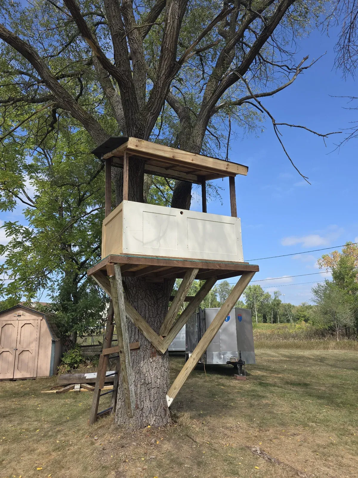 Custom-built tree fort with a platform wrapped around a large tree trunk, diagonal support posts, white paneled railing, and a roofed shelter on top.